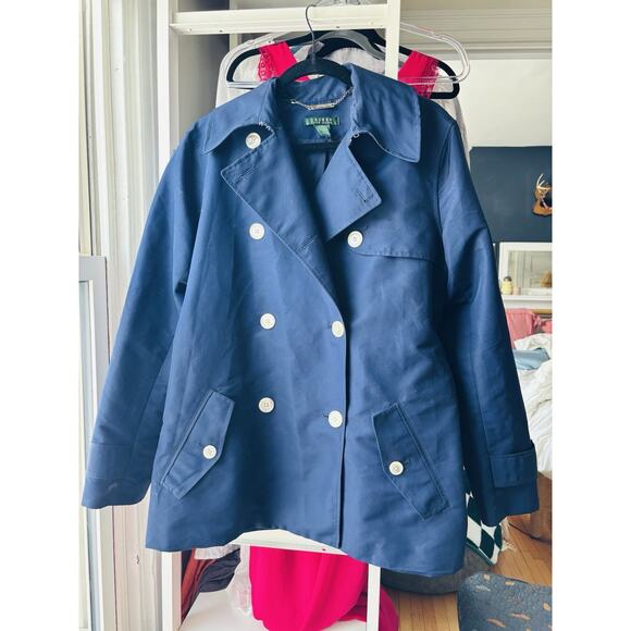 Vintage LRL Lauren Ralph Lauren Blue Trench Coat Sz L 90s - Picture 2 of 8